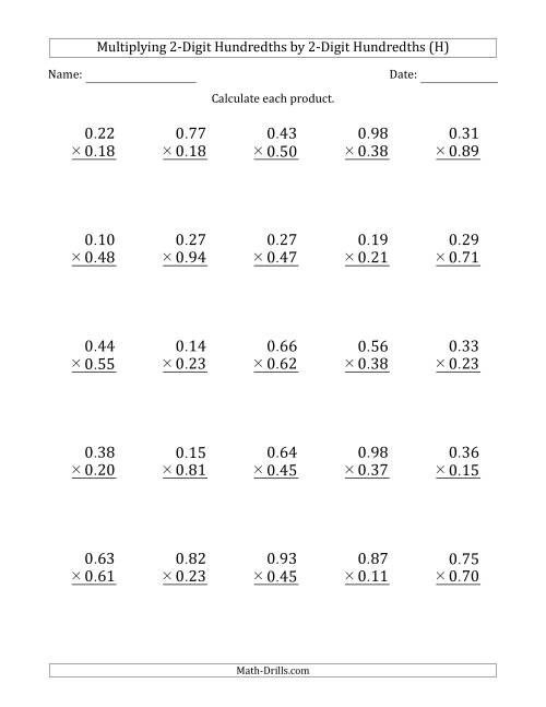 The Multiplying 2-Digit Hundredths by 2-Digit Hundredths (H) Math Worksheet