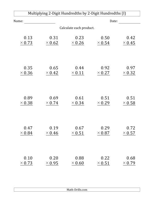 The Multiplying 2-Digit Hundredths by 2-Digit Hundredths (I) Math Worksheet