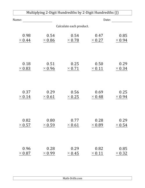 The Multiplying 2-Digit Hundredths by 2-Digit Hundredths (J) Math Worksheet