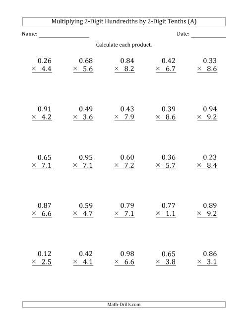 The Multiplying 2-Digit Hundredths by 2-Digit Tenths (A) Math Worksheet