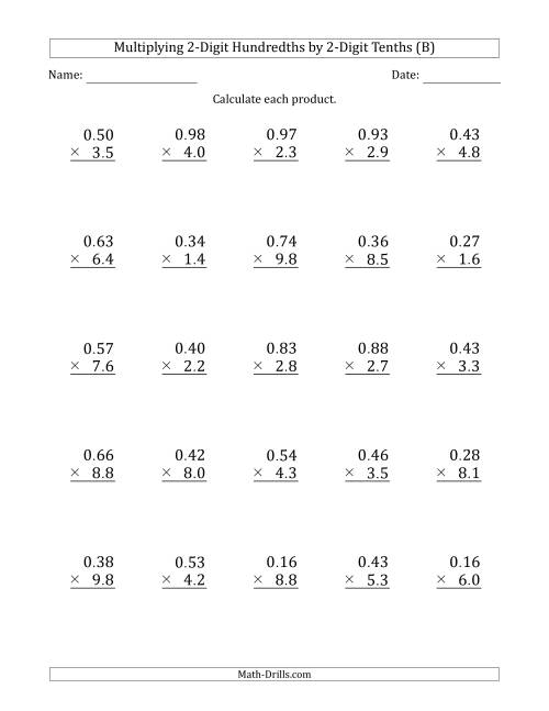 The Multiplying 2-Digit Hundredths by 2-Digit Tenths (B) Math Worksheet