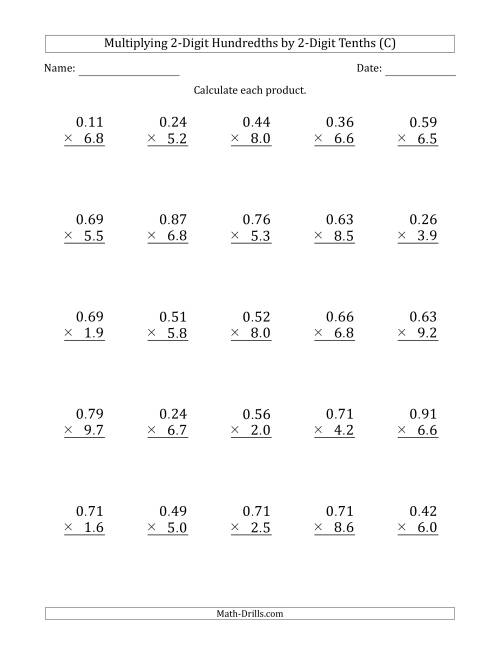 The Multiplying 2-Digit Hundredths by 2-Digit Tenths (C) Math Worksheet