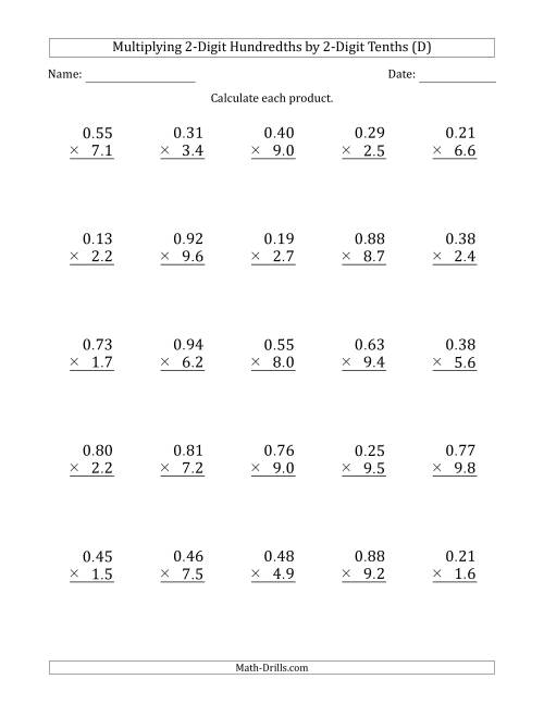 The Multiplying 2-Digit Hundredths by 2-Digit Tenths (D) Math Worksheet