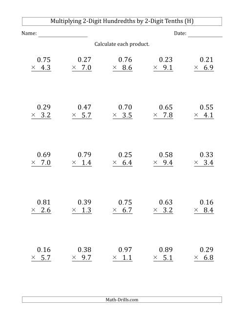 The Multiplying 2-Digit Hundredths by 2-Digit Tenths (H) Math Worksheet