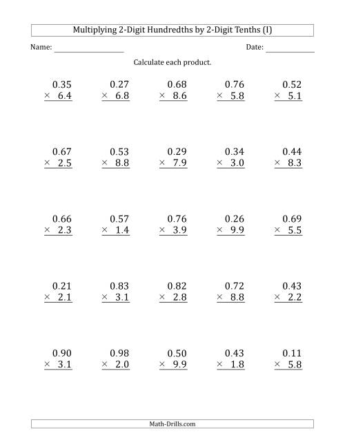 The Multiplying 2-Digit Hundredths by 2-Digit Tenths (I) Math Worksheet