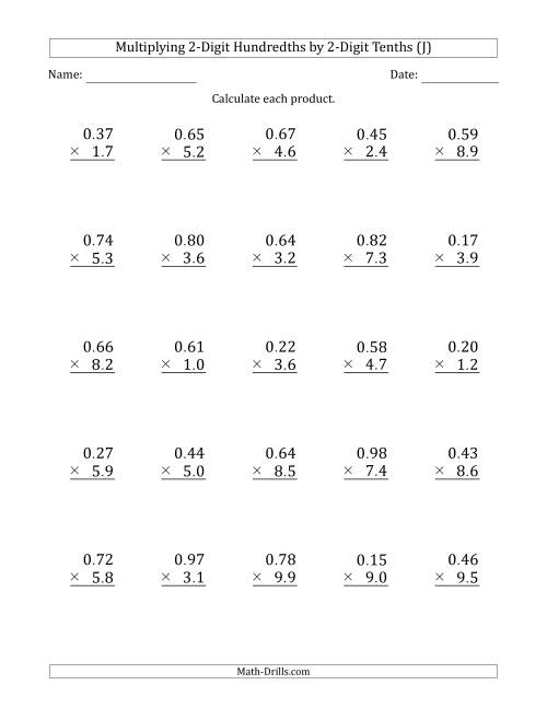 The Multiplying 2-Digit Hundredths by 2-Digit Tenths (J) Math Worksheet