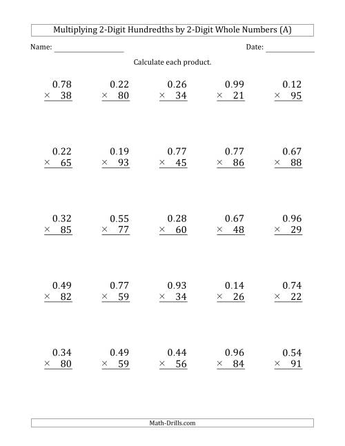 The Multiplying 2-Digit Hundredths by 2-Digit Whole Numbers (A) Math Worksheet