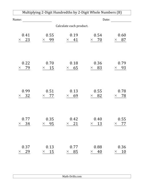 The Multiplying 2-Digit Hundredths by 2-Digit Whole Numbers (B) Math Worksheet