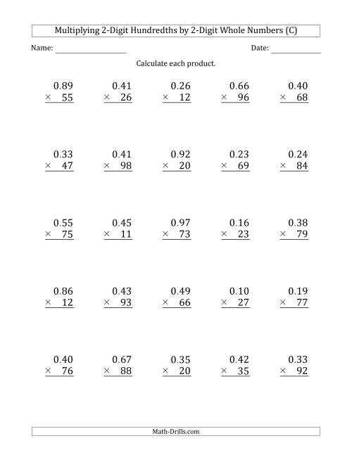 The Multiplying 2-Digit Hundredths by 2-Digit Whole Numbers (C) Math Worksheet