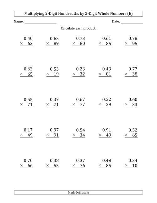 The Multiplying 2-Digit Hundredths by 2-Digit Whole Numbers (E) Math Worksheet