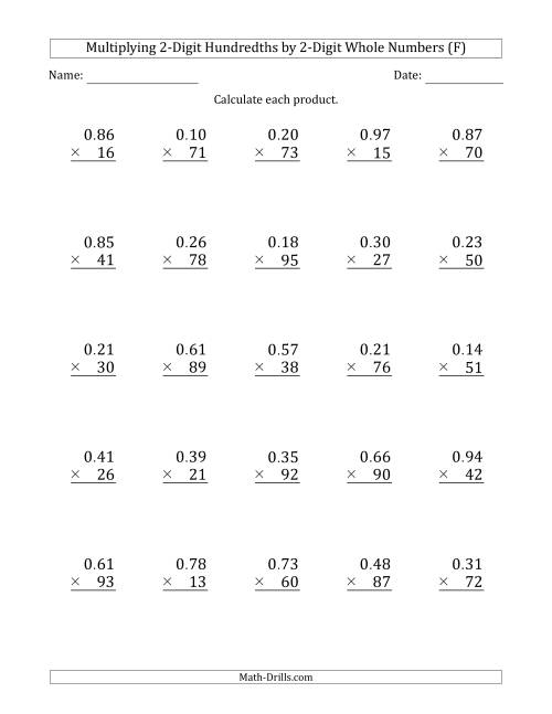 The Multiplying 2-Digit Hundredths by 2-Digit Whole Numbers (F) Math Worksheet