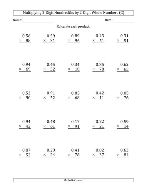 The Multiplying 2-Digit Hundredths by 2-Digit Whole Numbers (G) Math Worksheet