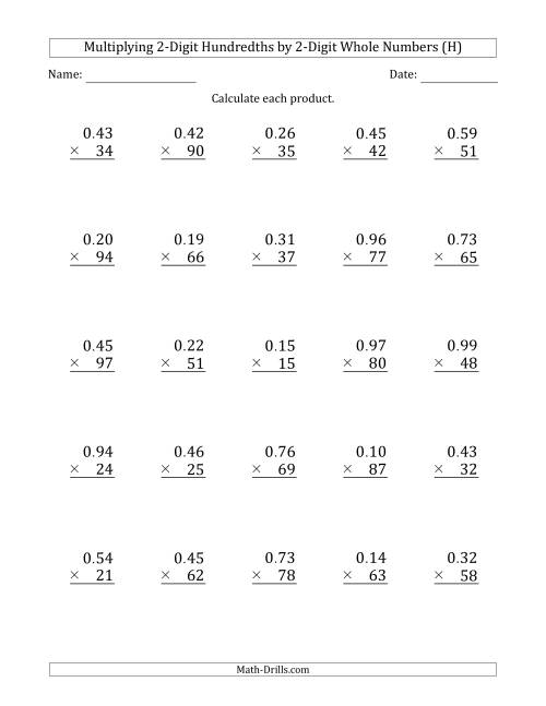 The Multiplying 2-Digit Hundredths by 2-Digit Whole Numbers (H) Math Worksheet
