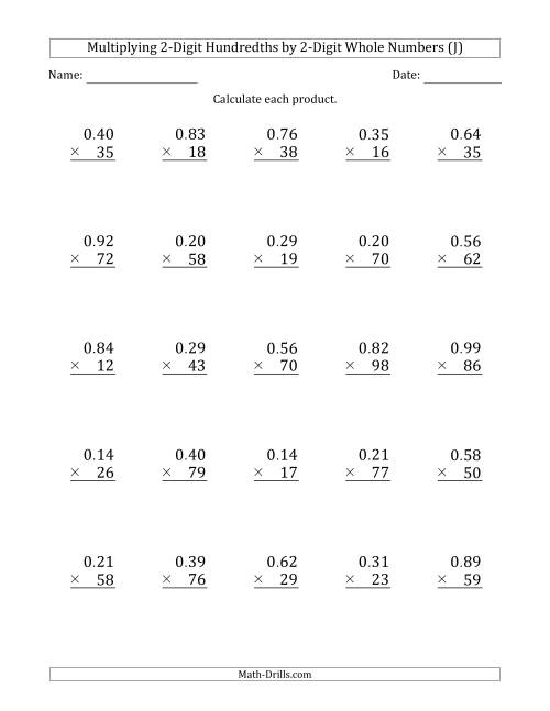 The Multiplying 2-Digit Hundredths by 2-Digit Whole Numbers (J) Math Worksheet
