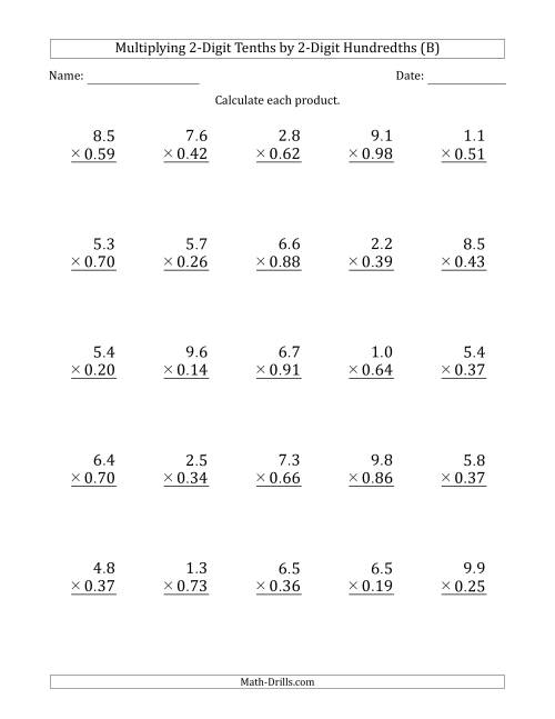 The Multiplying 2-Digit Tenths by 2-Digit Hundredths (B) Math Worksheet