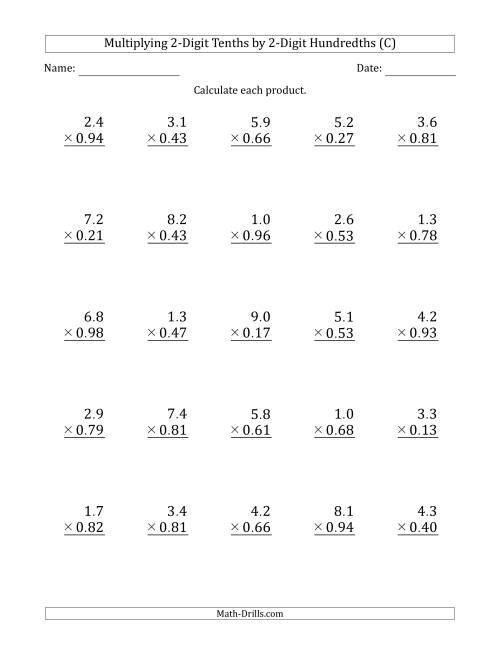 The Multiplying 2-Digit Tenths by 2-Digit Hundredths (C) Math Worksheet