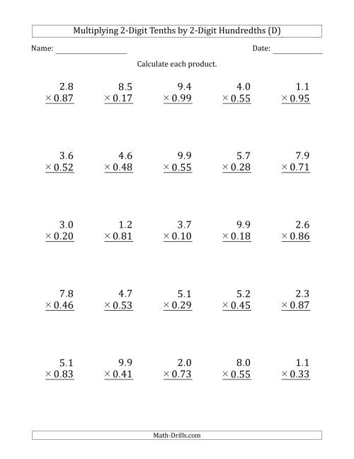 The Multiplying 2-Digit Tenths by 2-Digit Hundredths (D) Math Worksheet