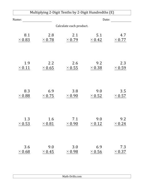 The Multiplying 2-Digit Tenths by 2-Digit Hundredths (E) Math Worksheet