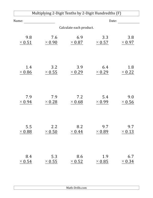 The Multiplying 2-Digit Tenths by 2-Digit Hundredths (F) Math Worksheet