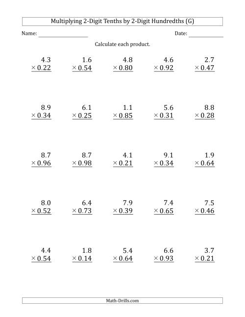The Multiplying 2-Digit Tenths by 2-Digit Hundredths (G) Math Worksheet