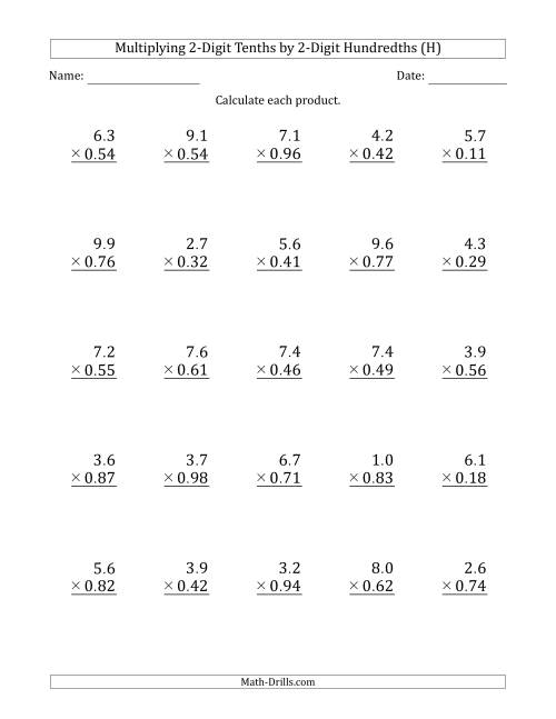 The Multiplying 2-Digit Tenths by 2-Digit Hundredths (H) Math Worksheet