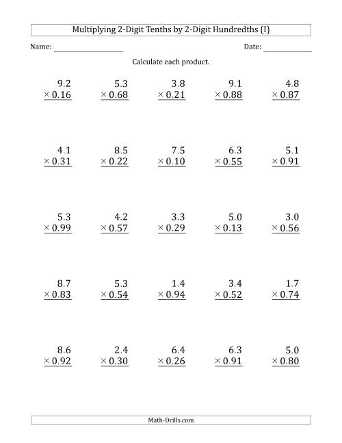 The Multiplying 2-Digit Tenths by 2-Digit Hundredths (I) Math Worksheet