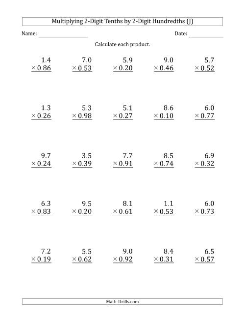 The Multiplying 2-Digit Tenths by 2-Digit Hundredths (J) Math Worksheet
