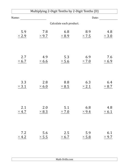 The Multiplying 2-Digit Tenths by 2-Digit Tenths (D) Math Worksheet