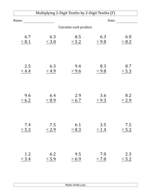 The Multiplying 2-Digit Tenths by 2-Digit Tenths (F) Math Worksheet