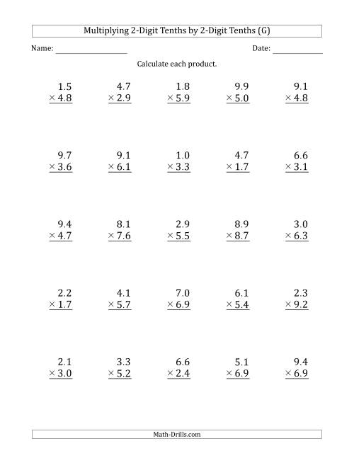 The Multiplying 2-Digit Tenths by 2-Digit Tenths (G) Math Worksheet