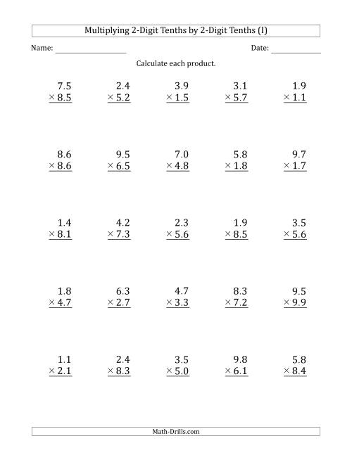 The Multiplying 2-Digit Tenths by 2-Digit Tenths (I) Math Worksheet