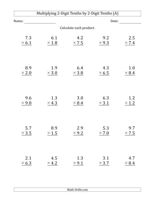 The Multiplying 2-Digit Tenths by 2-Digit Tenths (All) Math Worksheet