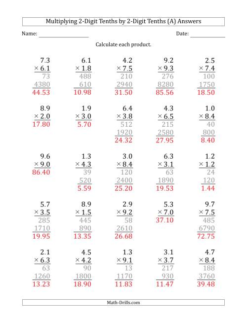The Multiplying 2-Digit Tenths by 2-Digit Tenths (All) Math Worksheet Page 2