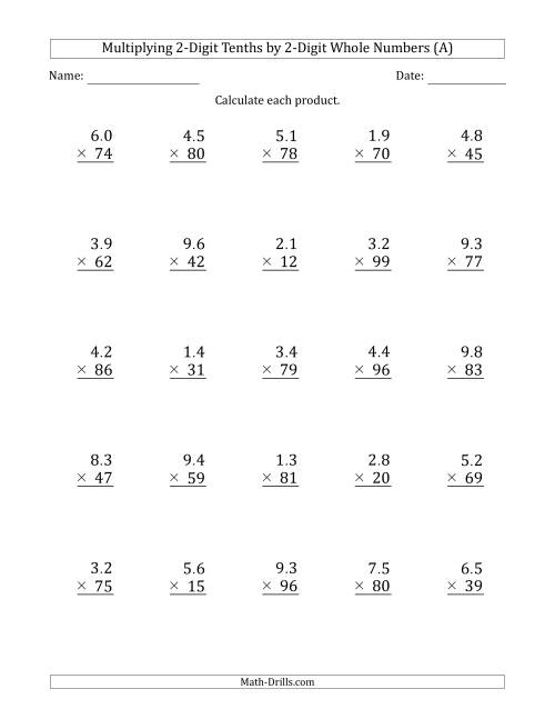 The Multiplying 2-Digit Tenths by 2-Digit Whole Numbers (A) Math Worksheet