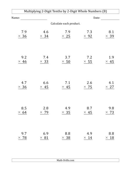 The Multiplying 2-Digit Tenths by 2-Digit Whole Numbers (B) Math Worksheet