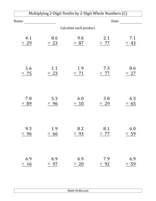 The Multiplying 2-Digit Tenths by 2-Digit Whole Numbers (C) Math Worksheet