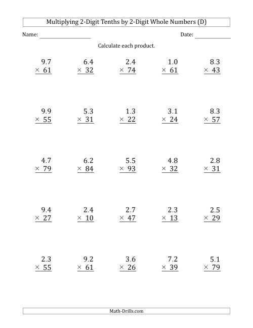 The Multiplying 2-Digit Tenths by 2-Digit Whole Numbers (D) Math Worksheet