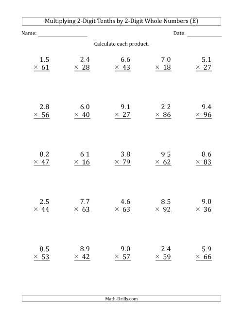 The Multiplying 2-Digit Tenths by 2-Digit Whole Numbers (E) Math Worksheet