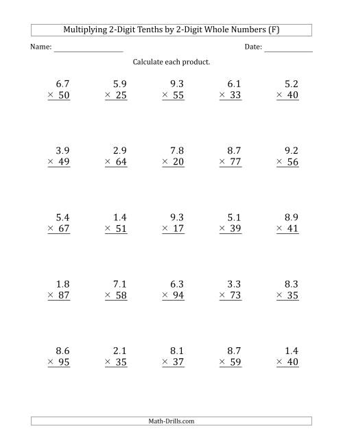 The Multiplying 2-Digit Tenths by 2-Digit Whole Numbers (F) Math Worksheet