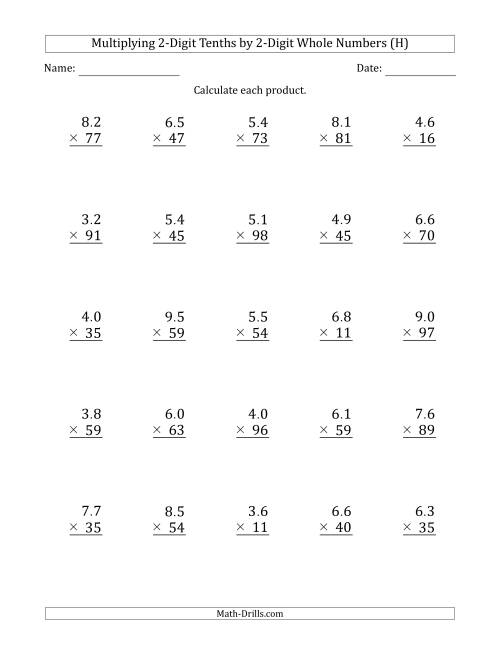 The Multiplying 2-Digit Tenths by 2-Digit Whole Numbers (H) Math Worksheet