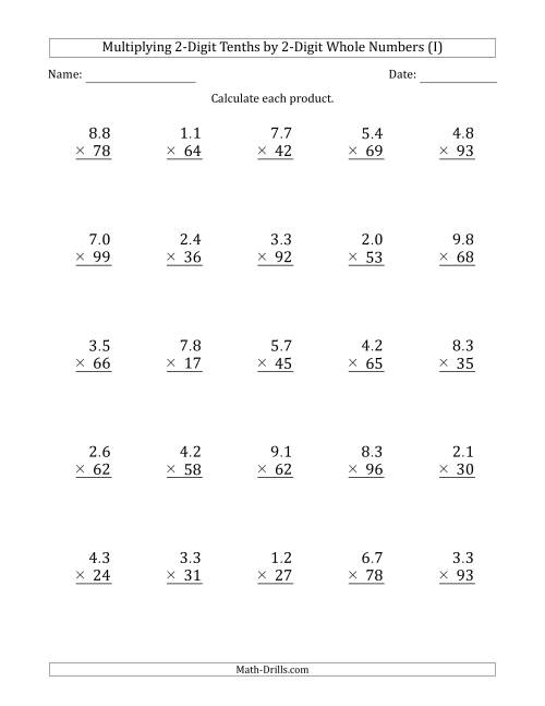 The Multiplying 2-Digit Tenths by 2-Digit Whole Numbers (I) Math Worksheet