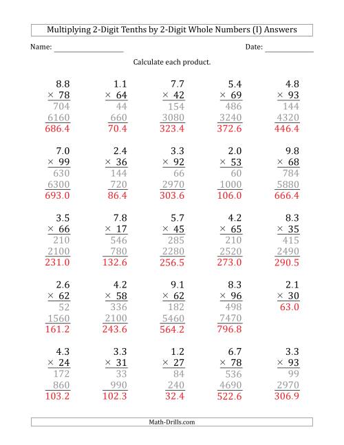 The Multiplying 2-Digit Tenths by 2-Digit Whole Numbers (I) Math Worksheet Page 2