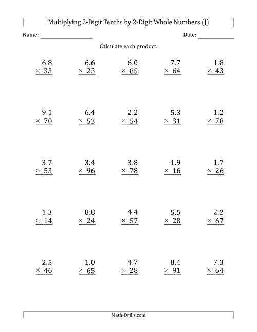 The Multiplying 2-Digit Tenths by 2-Digit Whole Numbers (J) Math Worksheet