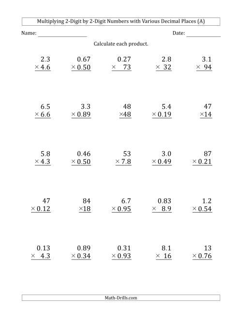 multiplying 2 digit by 2 digit numbers with various decimal places a
