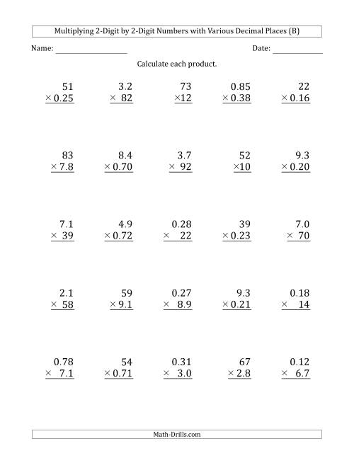 The Multiplying 2-Digit by 2-Digit Numbers with Various Decimal Places (B) Math Worksheet