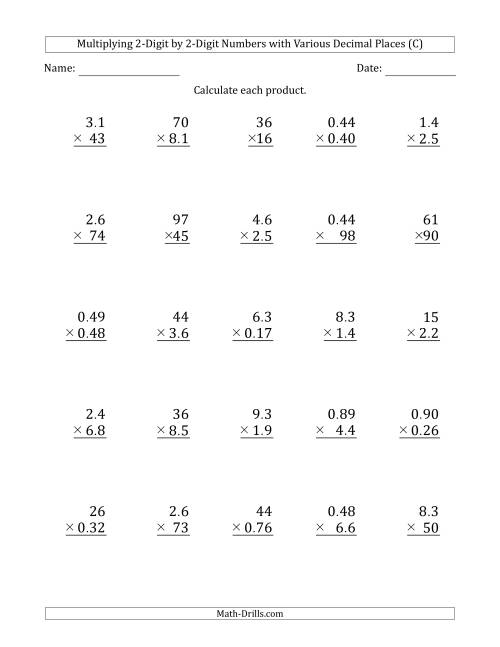 The Multiplying 2-Digit by 2-Digit Numbers with Various Decimal Places (C) Math Worksheet