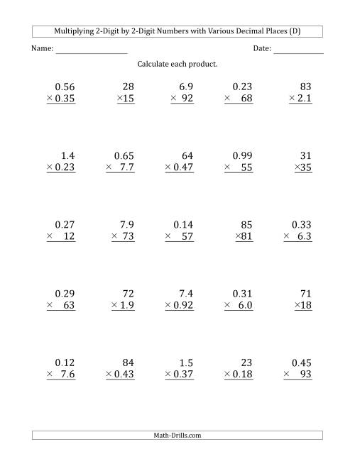 The Multiplying 2-Digit by 2-Digit Numbers with Various Decimal Places (D) Math Worksheet
