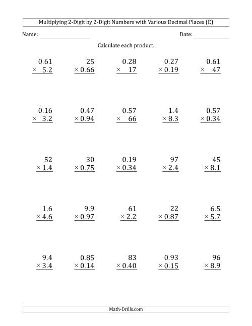 The Multiplying 2-Digit by 2-Digit Numbers with Various Decimal Places (E) Math Worksheet