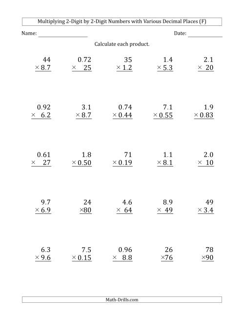 The Multiplying 2-Digit by 2-Digit Numbers with Various Decimal Places (F) Math Worksheet