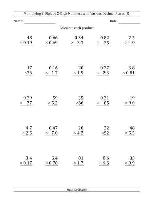 The Multiplying 2-Digit by 2-Digit Numbers with Various Decimal Places (G) Math Worksheet